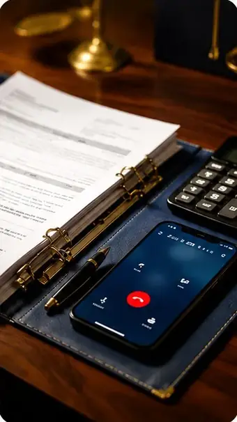 Carpeta con documentos, bolígrafo y celular sobre un escritorio